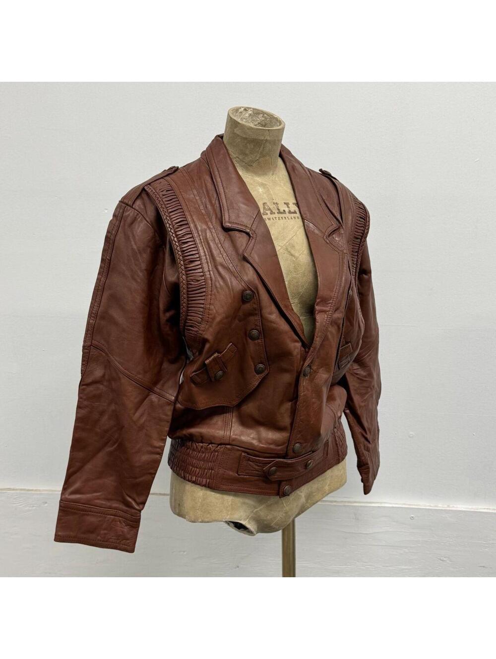 Vintage 80s Tan Western Bomber Cropped Leather Jacket - Picture 6 of 8